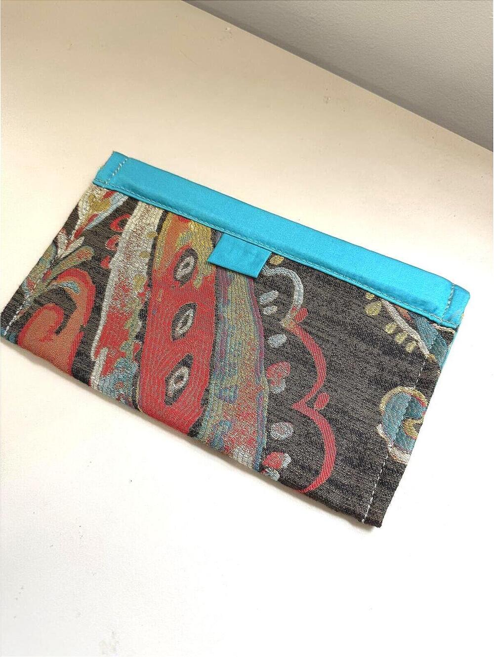 Colorful Patterned Fabric Clutch with Turquoise Trim